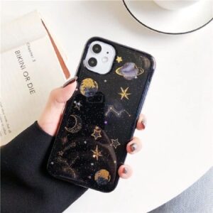 Case para iPhone 11, de color negro con diseño de planetas dorados