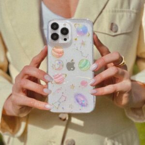 case para iPhone 13 pro max, transparente con diseño de planetas y escarcha